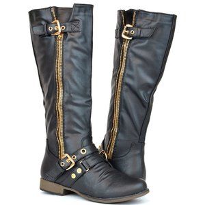 Women Combat Low Knee High Boots Golden Zipper And Buckle Decor Black